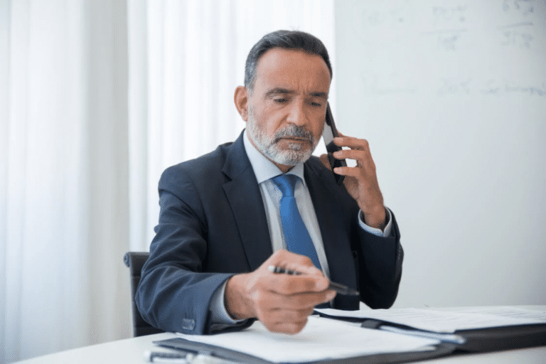 Old business owner on phone, writing; just bought business and became competitor.
